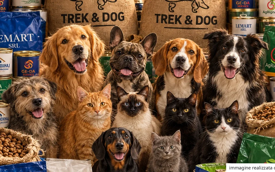 Cani e gatti tra sacchi e scatolette di cibo, illustrazione realizzata con AI